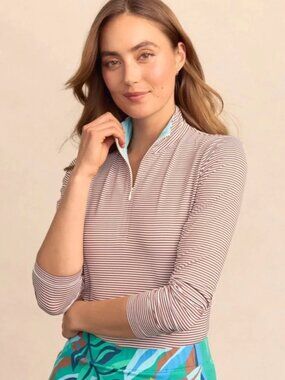 J.McLaughlin Catalina Cloth Ace 1/4 Zip Top Sienna White Stripe Size Medium